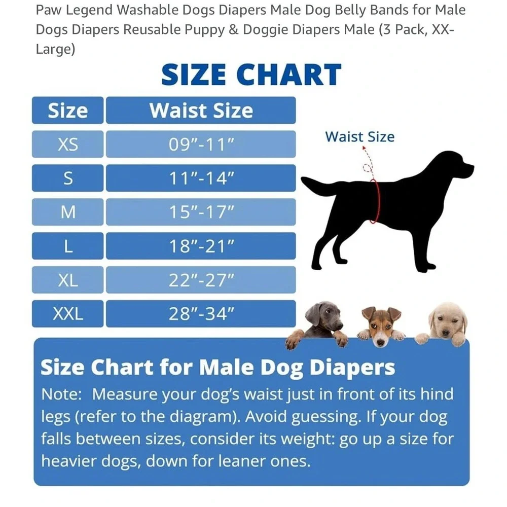 Paw Legend Reusable Male Dog Belly Band Diaper‎ XL Blue Dog Print Wrap Washable